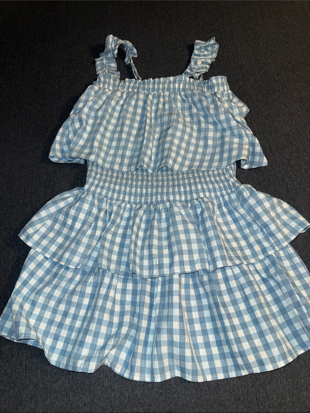 Andree Blue and White Gingham Ruffle Tiered Mini Dress